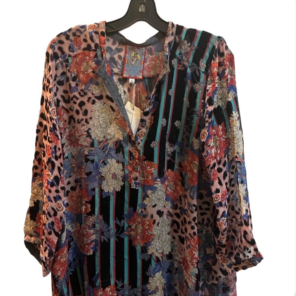 NWT Floral Stripe Mixed-Print V-Neck Tunic Top - Blue Multi Size S - Picture 7 of 11